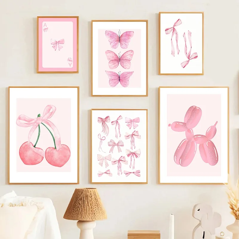 Trendy Pink Bows Cherry Butterfly Fashion Poster Watercolor Bows Print Canvas Painting Wall Art Picture for Girly Room Decor