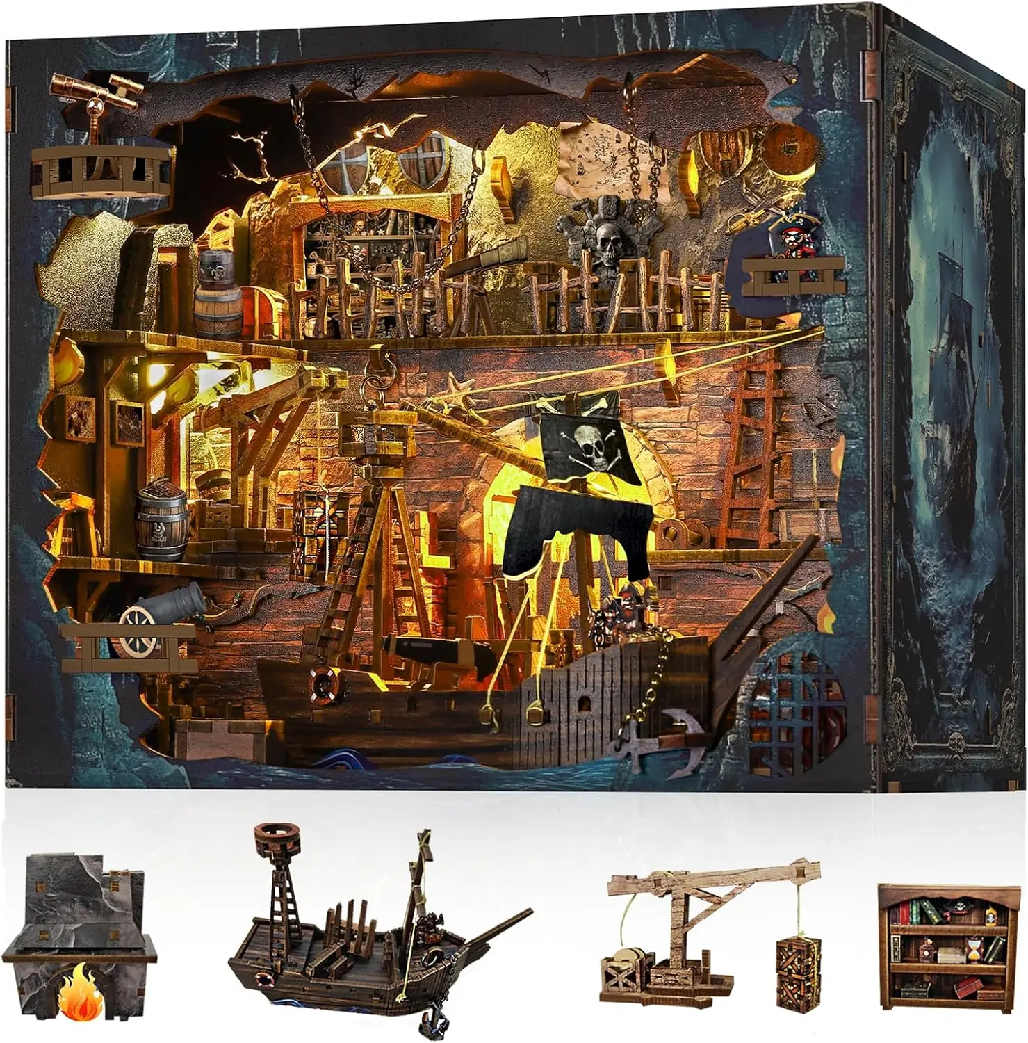 

DIY Pirate Book Nook Kit with LED Light, 3D Wooden Puzzle for Adults Teens, Dollhouse Decor Gift