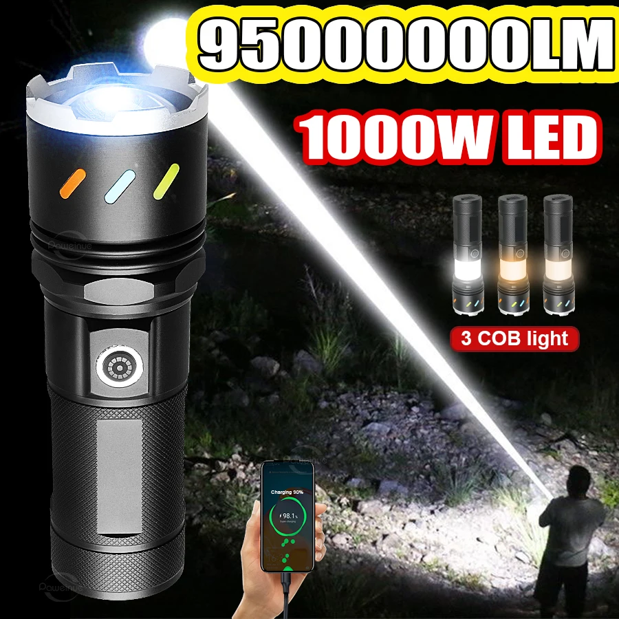 

Супермощный светодиодный фонарь 95000000LM, 5000 м, с ярким светом, перезаряжаемый, с COB-подсветкой, портативная лампа, уличный кемпинговый фонарь