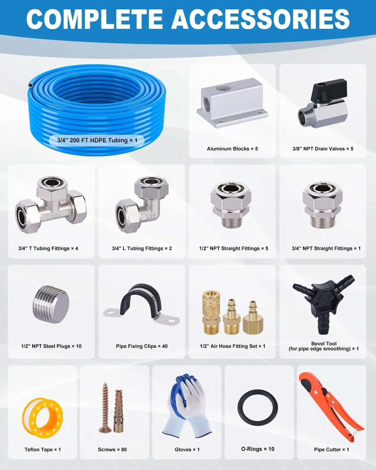 Compressed Air Line Kit, 3/4 Inch ID x 200FT HDPE-Aluminum Compressed Air Piping System, Garage Air Compressor Line Kit Accessor