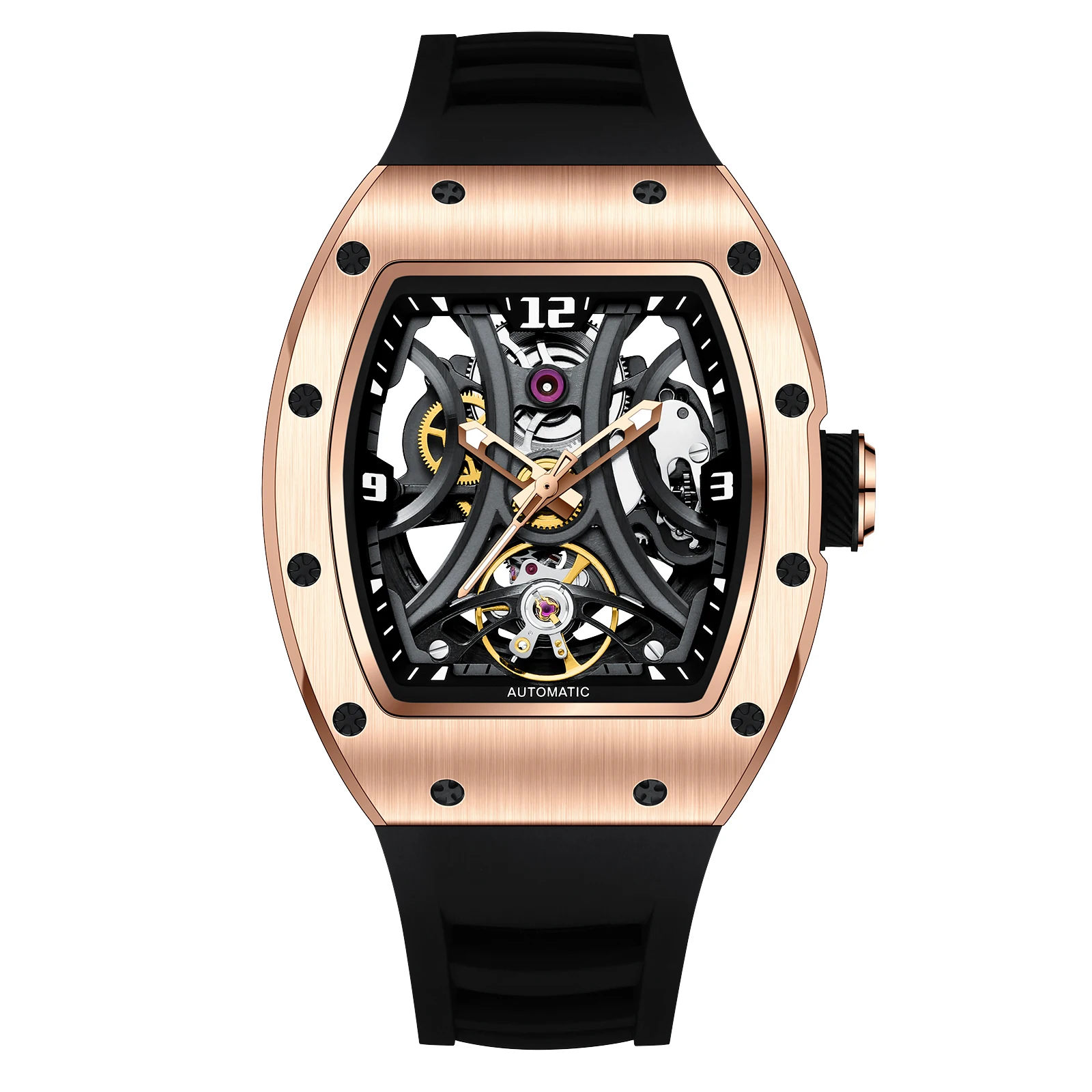 New Tonneau Dial Fashion Sports Mechanical Watch for Men Automatic Self-winding Wristwatch with Silicone Strap Transparent