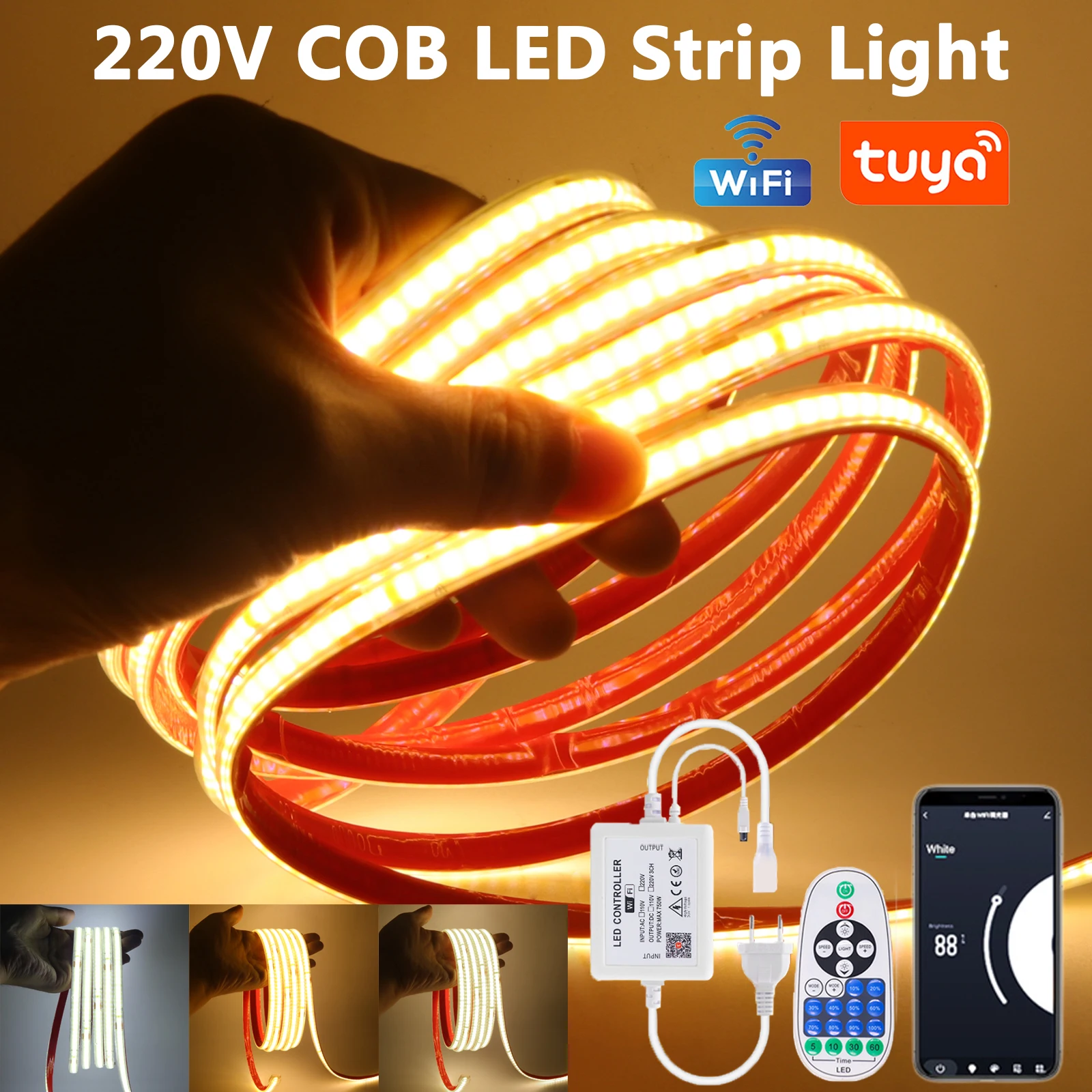 

220V Dimmable COB LED Neon Strip Light WiFi 23Key With EU UK AU Plug Waterproof Warm Natural White Flex Tape 240 LEDs/m 0.5m 25m