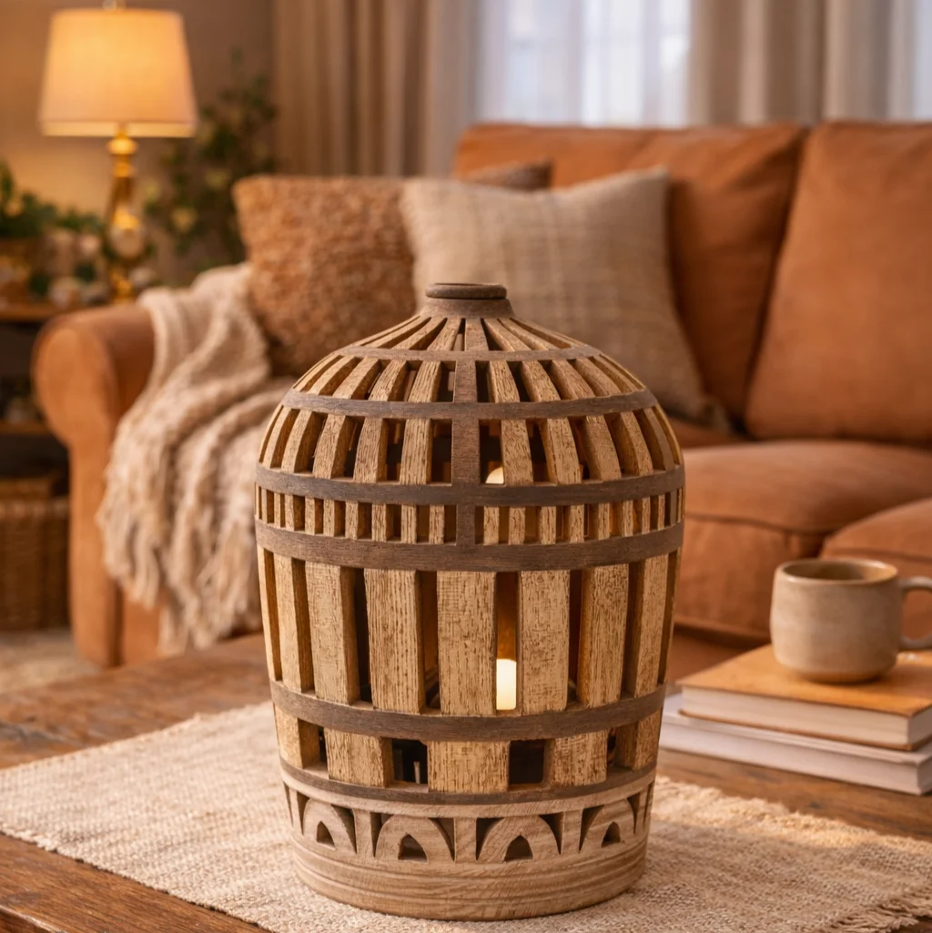 Handmade wooden vertical sculptures, hollow shapes, natural textures, country style home decoration art
