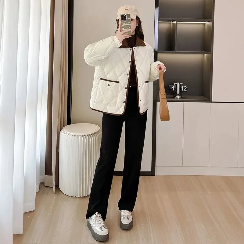 Pop Diamond Grid Cotton Jacket 2024 New PU Leather Stylish Loose And Color Blocking Versatile Short Autumn And Winter Quilted Ja