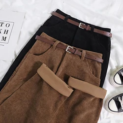 Women Spring Corduroy Pants High Waist Autumn Vintage Korean Casual Wide Leg Pants Elegant Belt Loose Cotton Streetwear