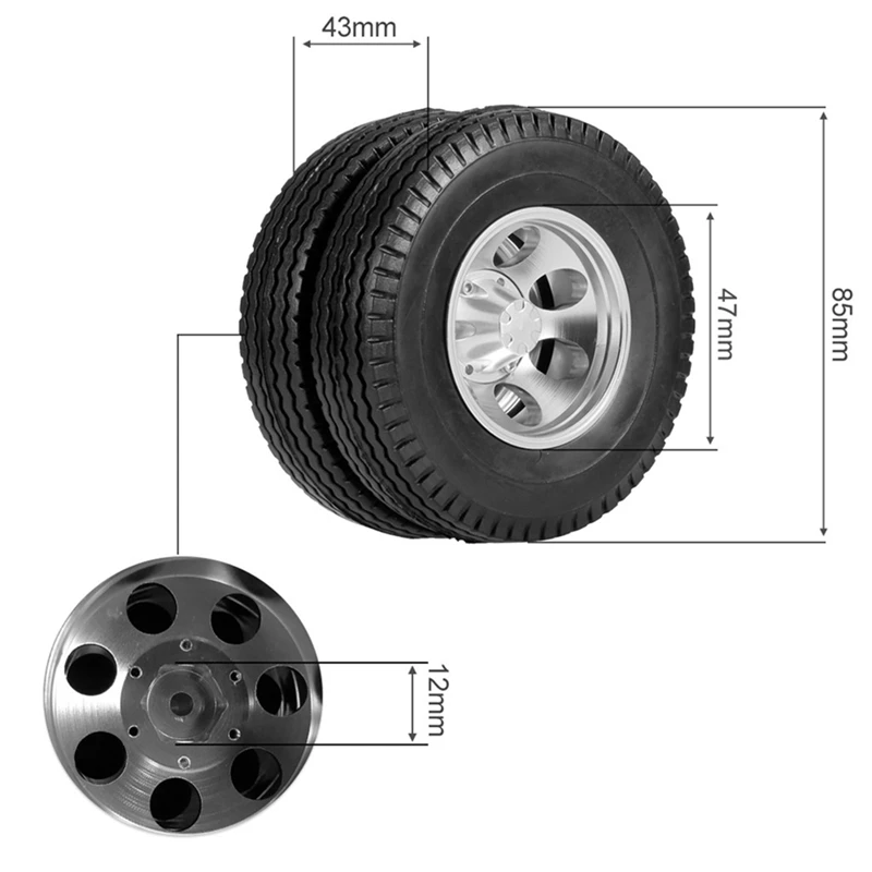 6PCS Metal Front & Rear Wheel Hub Rubber Tires Wheel Tyre Complete Set For 1/14 Tamiya RC Trailer Tractor Truck Car