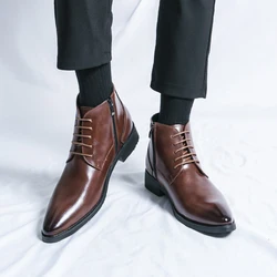 Lace Up High Top Boots for Men Pointed Fashionable Business Boots