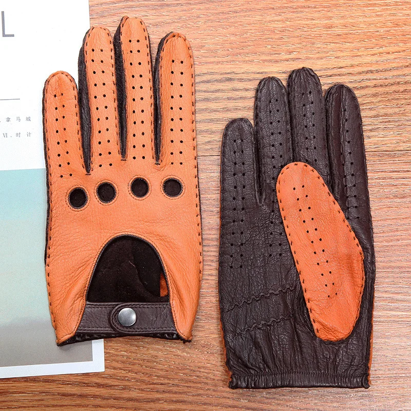 Anti-Slip Real Leather Men Gloves Driving Breathable Unlined High Quality Deerskin Gloves Male Full Fingers D0133