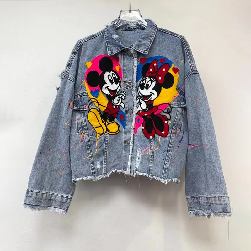 Veste en jean avec Patch de dessin animé pour femme, haut court et ample, vêtement décontracté à simple boutonnage, nouvelle collection printemps et automne 2025