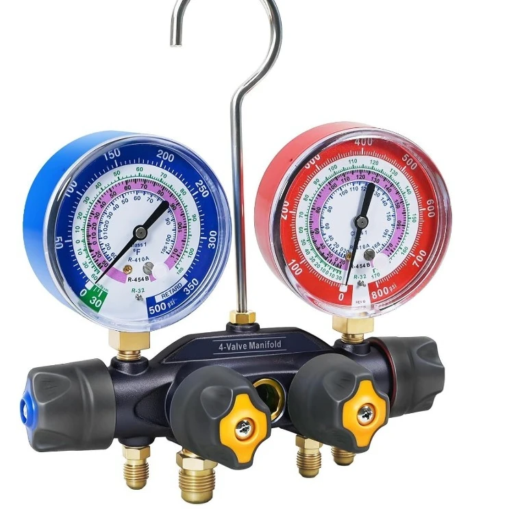 Detalhe 3 de Válvula solenoide Manifold Gauge with 4 Yellow Jacketed Valves - Industrial Refrigeration HVAC Tool R134A Refrigerant Valves Outras válvulas