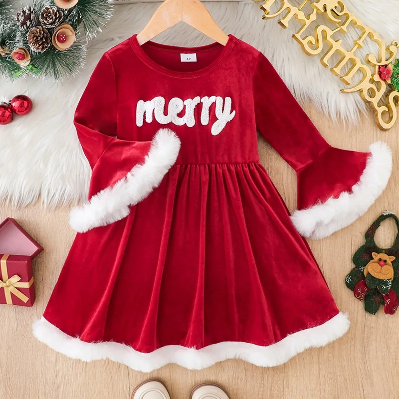 

Kids Girls Christmas Dress, Merry Letter Print Velvet Flare-Sleeve Knee-Length Dress, Winter Festive Dresses with Plush Cuffs