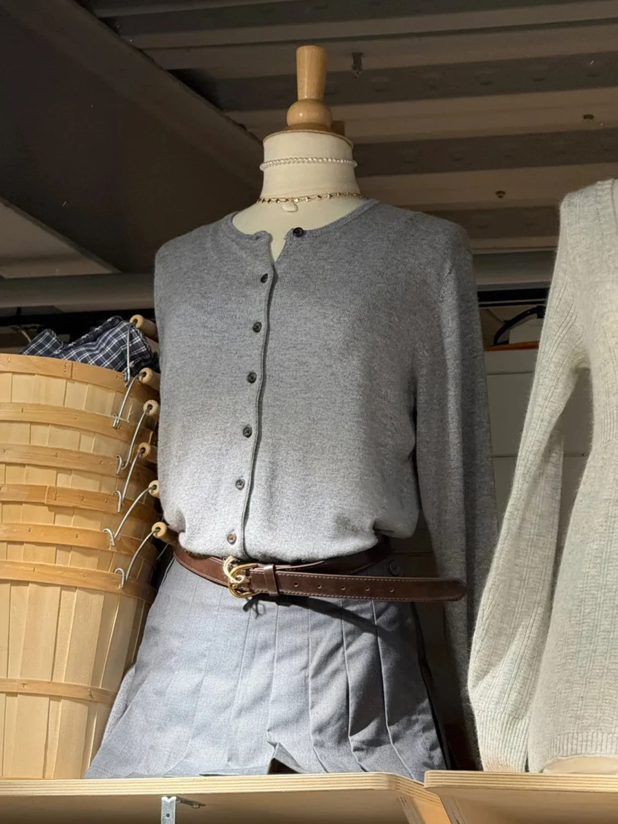 

Однотонный винтажный вязаный кардиган, женский весенний однобортный хлопковый свитер с круглым вырезом, пальто, повседневные простые серые трикотажные топы