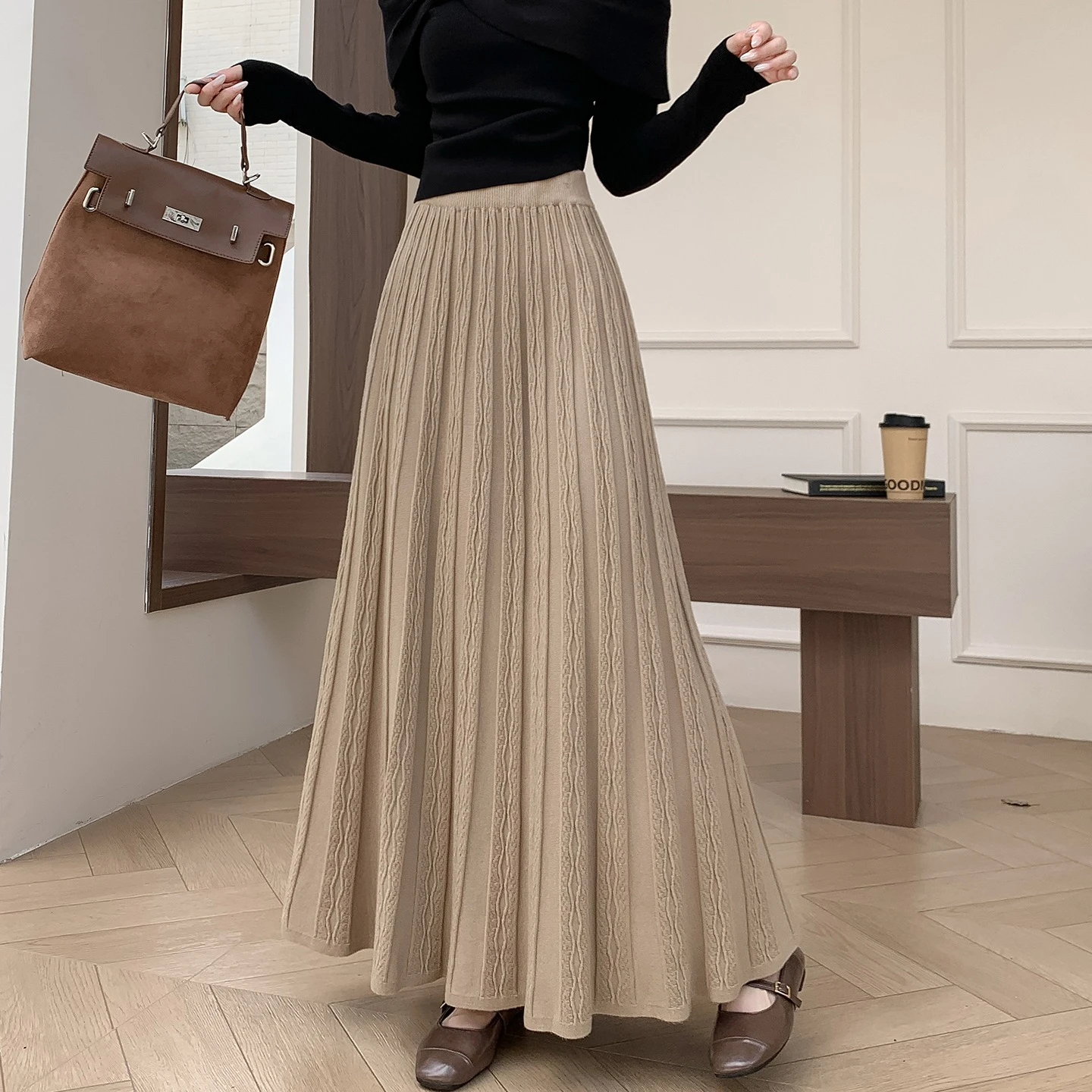 

Seoulish Autumn Winter High Waist Vintage Loose Knitted Women's Umbrella Skirts 2025 New Korean Casual A-line Long Skirts Female
