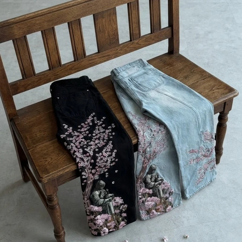 

Men Embroidery Jeans Cherry Blossom Knight Graphics Wide Leg Denim Pants Harajuku Hip Hop Baggy Trousers Streetwear Wash Jeans