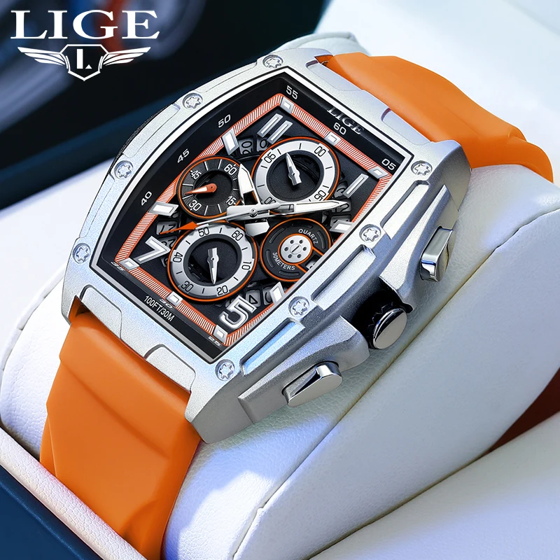 LIGE Fashion Man Watch Square Big Dial Hollow Out Quartz Watch for Men Casual Sport Silicone Strap Waterproof Luminous Clock New