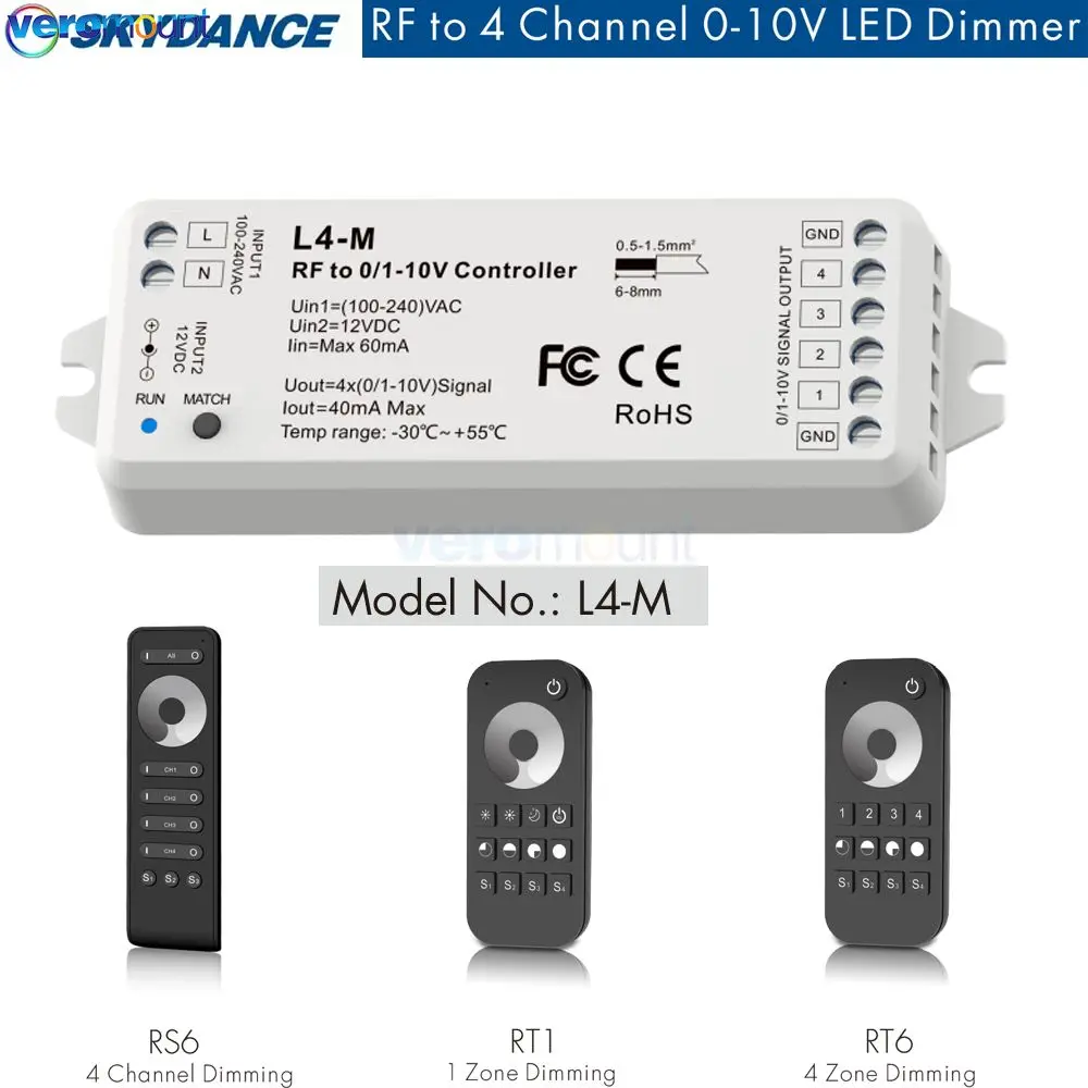 Skydance L4-M 0-10V LED Dimmer 2.4G RF Wireless Touch Remote Control 4 Channel Signal Output Dimer for Single Color LED Strips