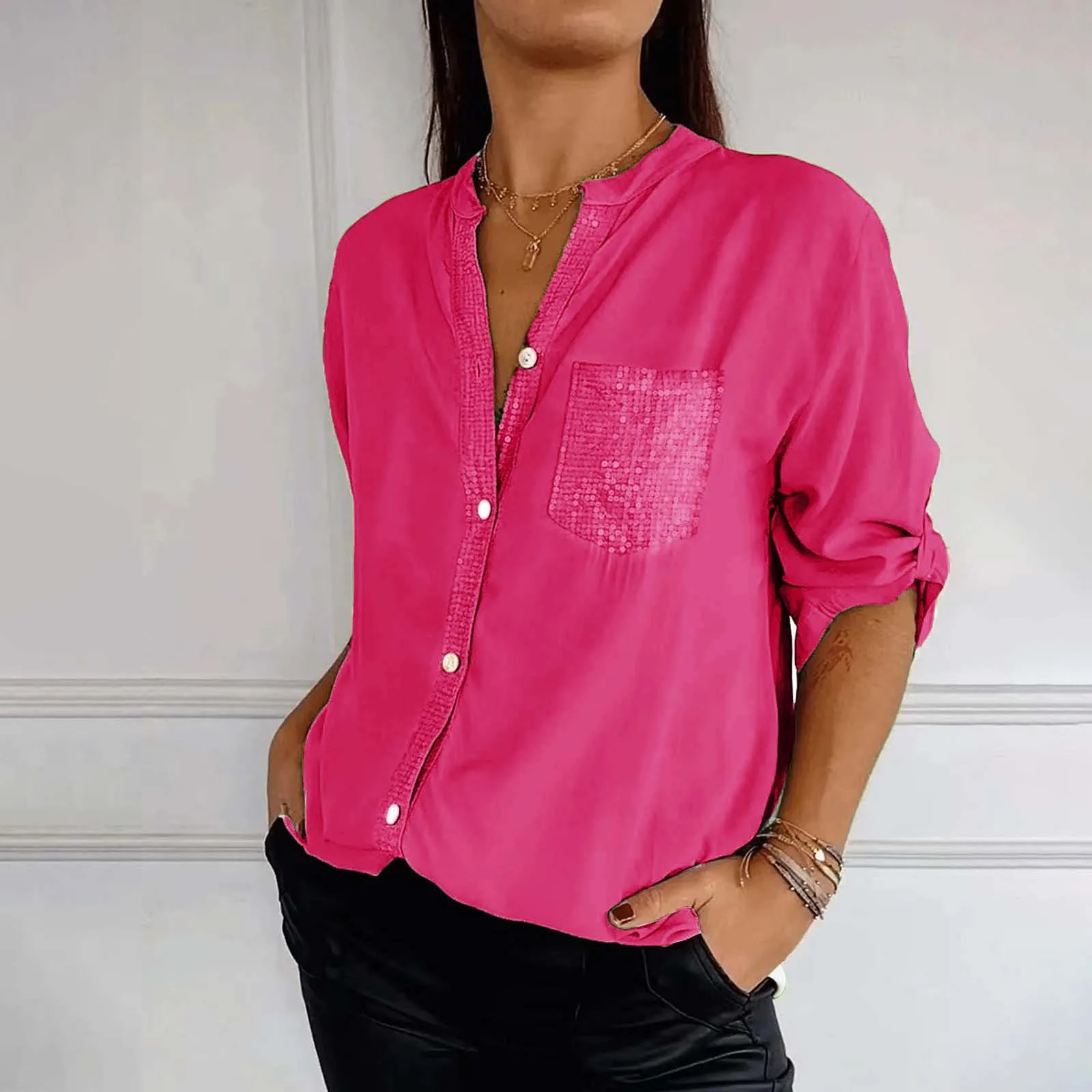 Blusa informal con cuello en V y botones para mujer, Top de lentejuelas con bolsillo frontal, Camisa lisa de verano, talla grande, S-5xl de algodón cómodo