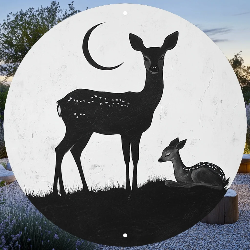 2D Flat - 2D Plane - 1 Minimalist Black And White Metal Sign Depicting a Fawn Under a Crescent, Perfect for Decorating Galleries