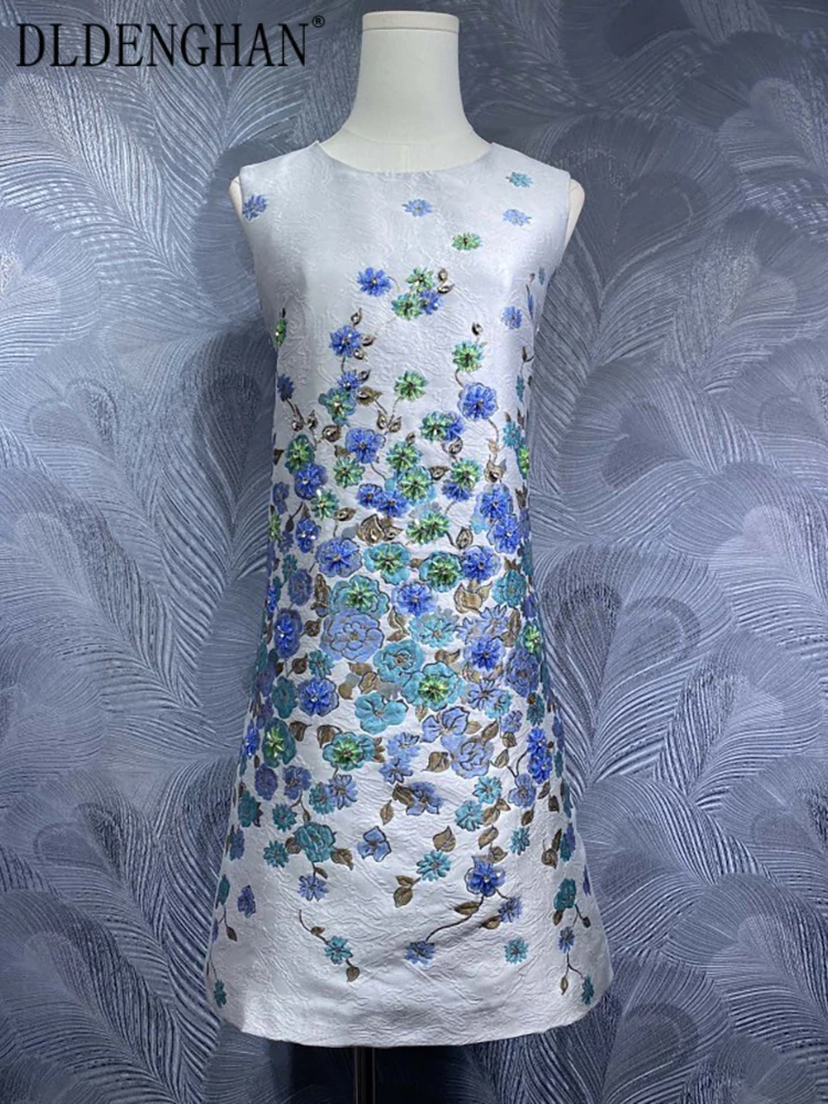 

DLDENGHAN Diamonds Beading Dress For Women O-Neck Sleeveless Vintage Jacquard Mini Dresses Summer Fashion Female