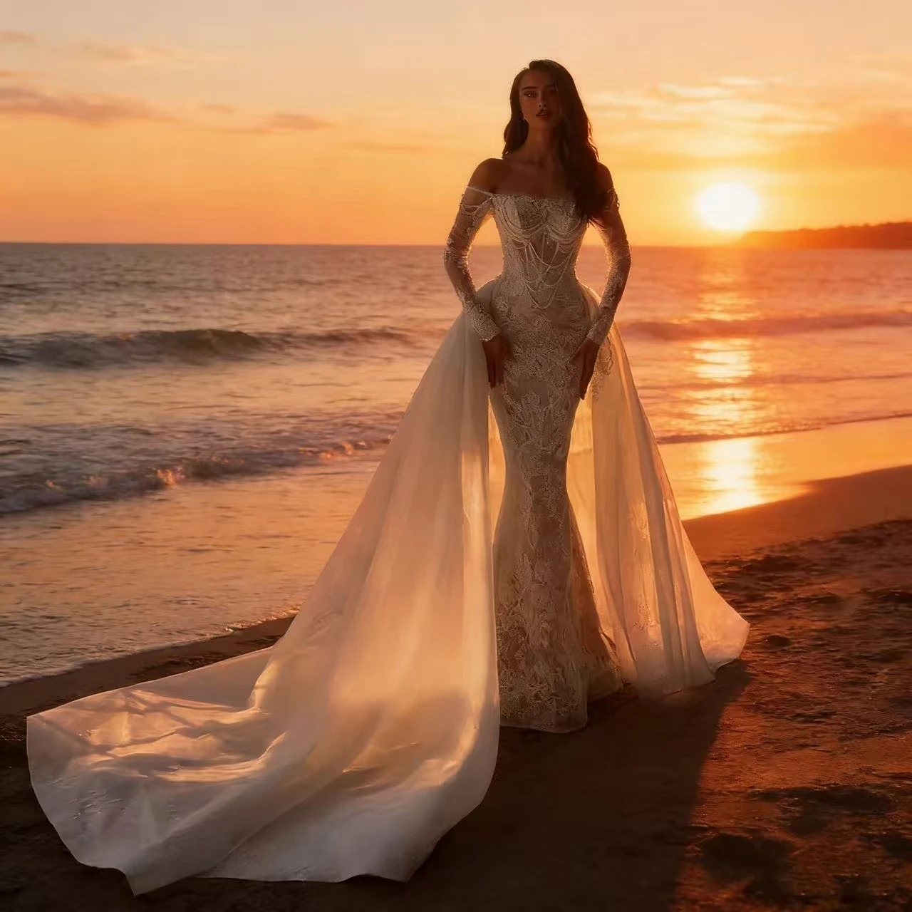 Customized Lace Boat Neck 2 In 1 Mermaid Wedding Dresses Shiny Beading Romantic Removable Train Bridal Gowns Vestido De Novia