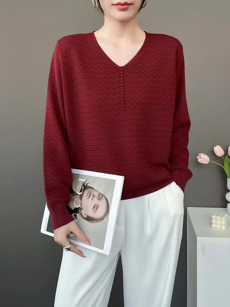Loose V-ne Knitted Sweater Women's Autumn Winter Simple Match Pure Color Knitwear Casual Commute Sle plus Size Inner Wear