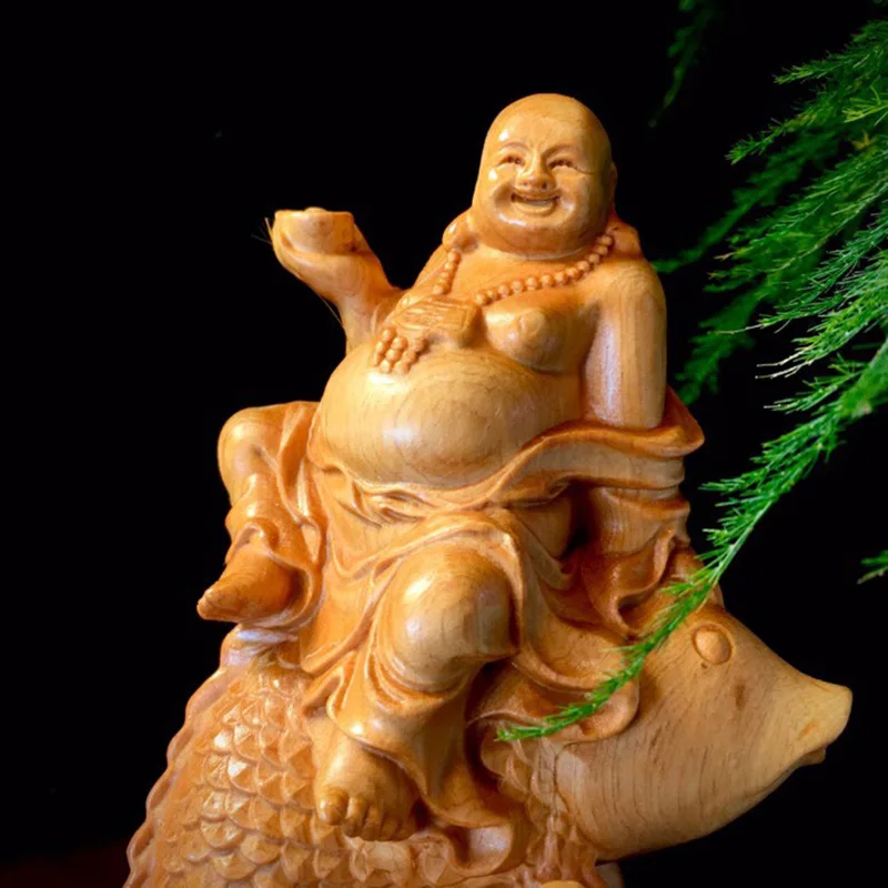 Cliff Cypress Carving Large Belly Buddha Statue Solid Wood Chinese Style Living Room Car Safety Laughing Buddha Blessing