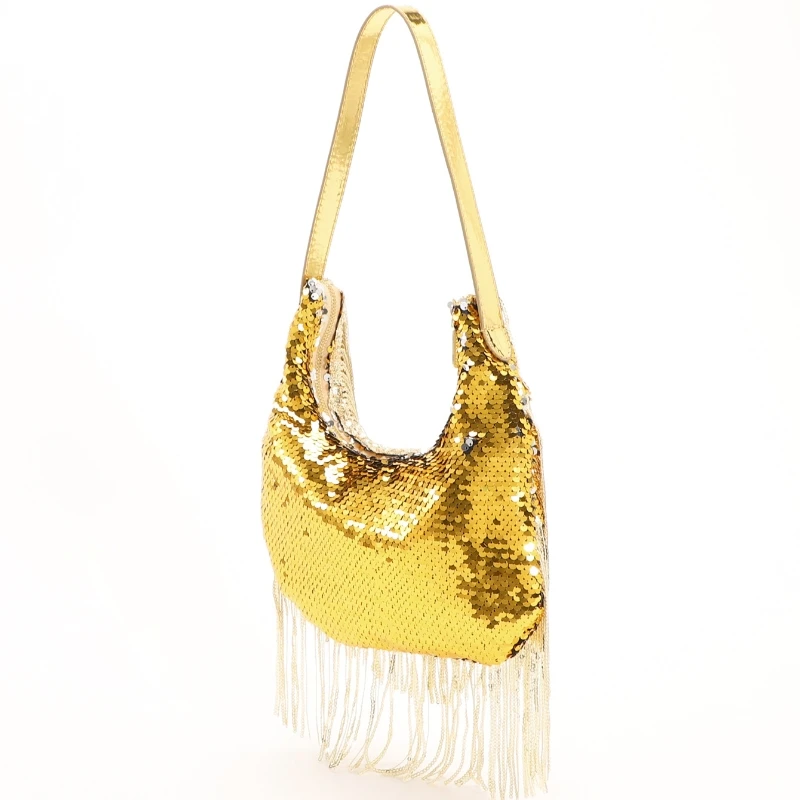 New Women's Shiny Sequined Long Tassel Crescent-shaped Shoulder Bag 2026 Summer Trend Shining Evening Party Hobos Armpit Bag