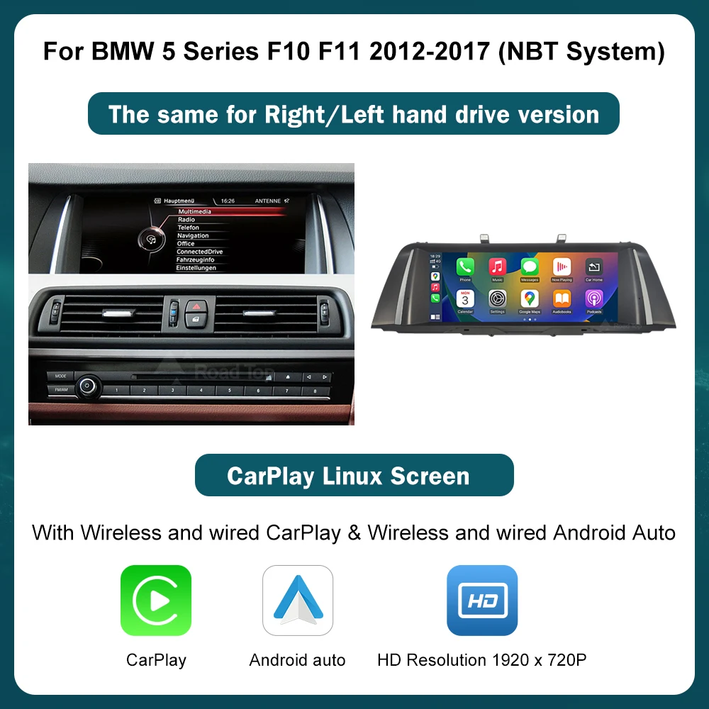 RoadTop 12.3 inch voor BMW 5 Serie 2011-2017 F10 F11 Linux HD scherm, autoradio touchscreen, ondersteunt draadloze CarPlay, Android Auto, Mirrorlink, behoudt OEM-functies