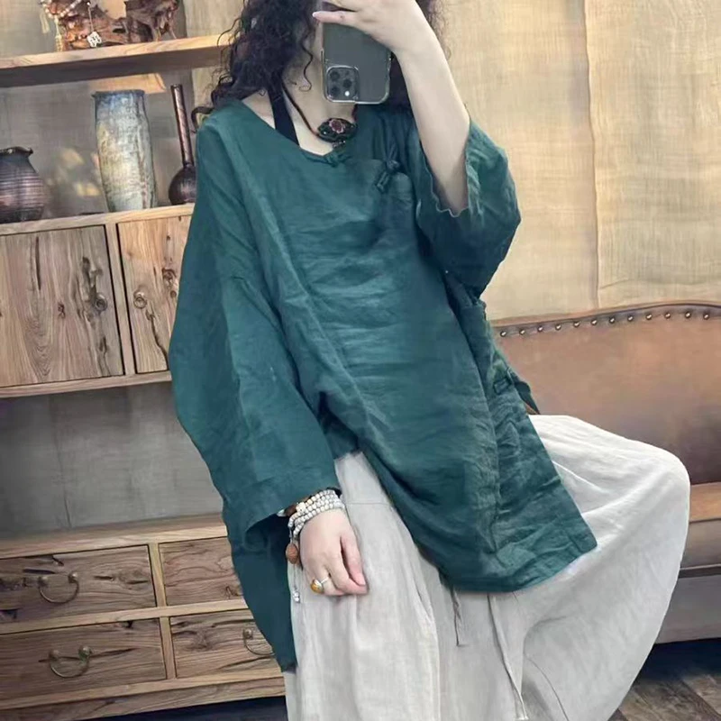 

Spring Summer Arts Style Women V-neck Batwing Sleeve Blouse Cotton Linen Vintage Single Breasted Loose Casual Long Shirts TL149