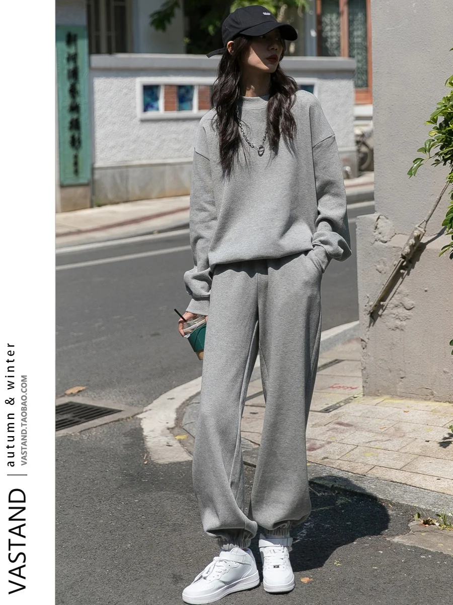 

Весенняя коллекция Vastand, повседневная круглая толстовка с высокой талией и спортивные брюки свободного кроя, женский комплект из двух предметов