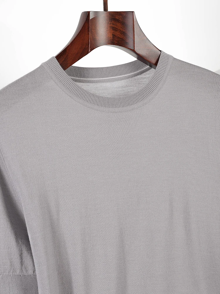 Basic 100% Worsted Merino Wool Men T-Shirts Summer Solid Knitted Pullover Short Sleeve Thin Clothing Tops Smart Casual Soft Tees