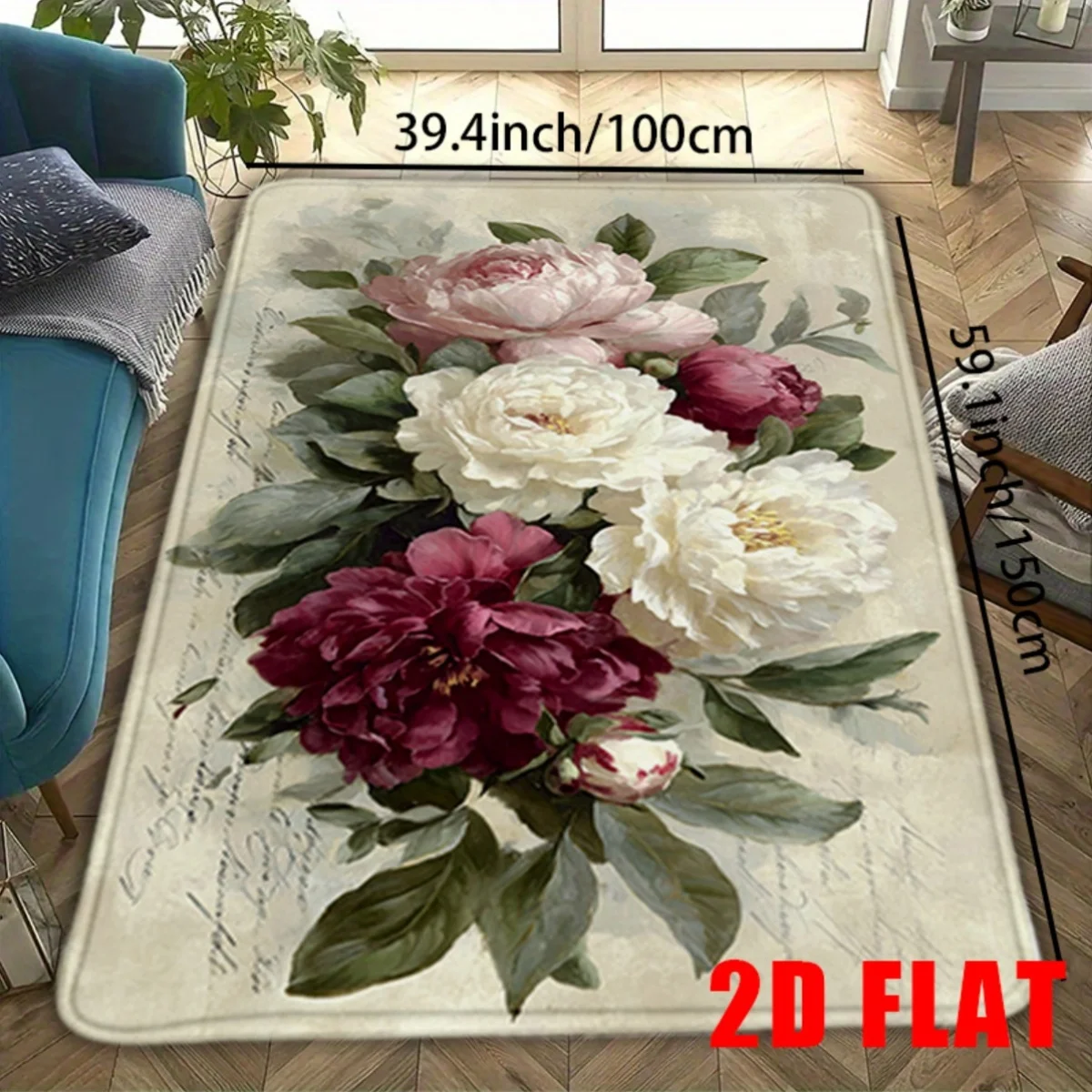 Large Realistic Floral Peony Rose Area Rug Botanical Living Room Decor Cottagecore Home Accent Mat