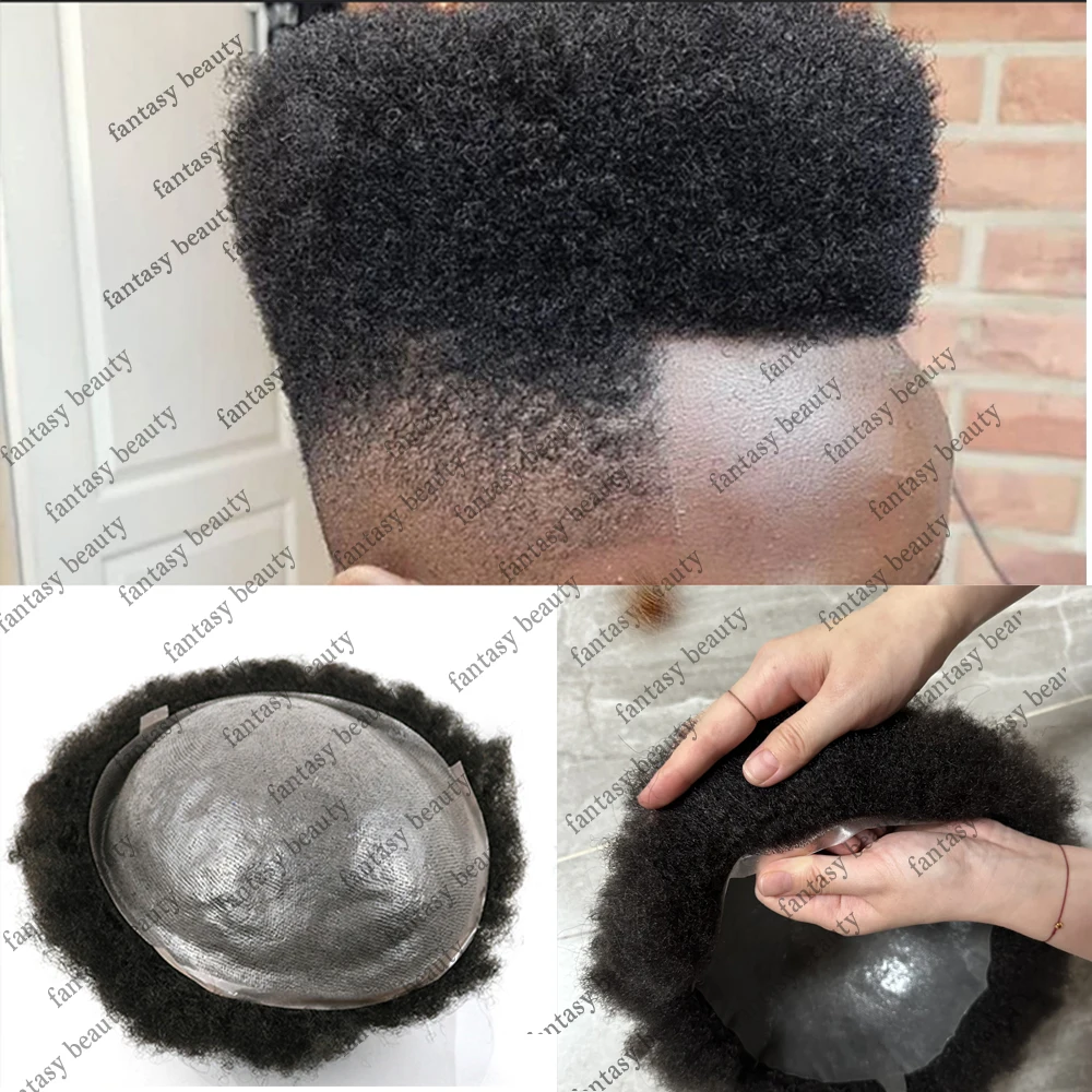 4mm/10mm Afro Curly Toupee For Black Men Durable Full Skin Hair System Unit With Knots Durbale Male Hair Capillary Prosthesis