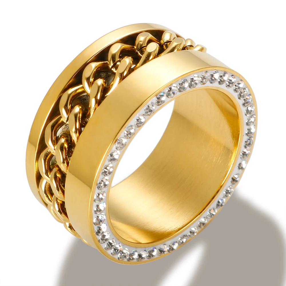 Punk Stainless Steel Cuban Curb Link Chain Ring For Men Women Gold Color Twist Pattern Crystal Finger Rings Female Jewelry