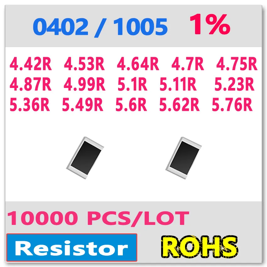 

OHM 0402 F 1% 10000pcs 4.42R 7.03R 4.64R 4.7R 4.75R 4.87R 4.99R 5.1R 5.11R 5.23R 5.36R 5.49R 5.6R 5.62R 5.76R smd 1005 Resistor