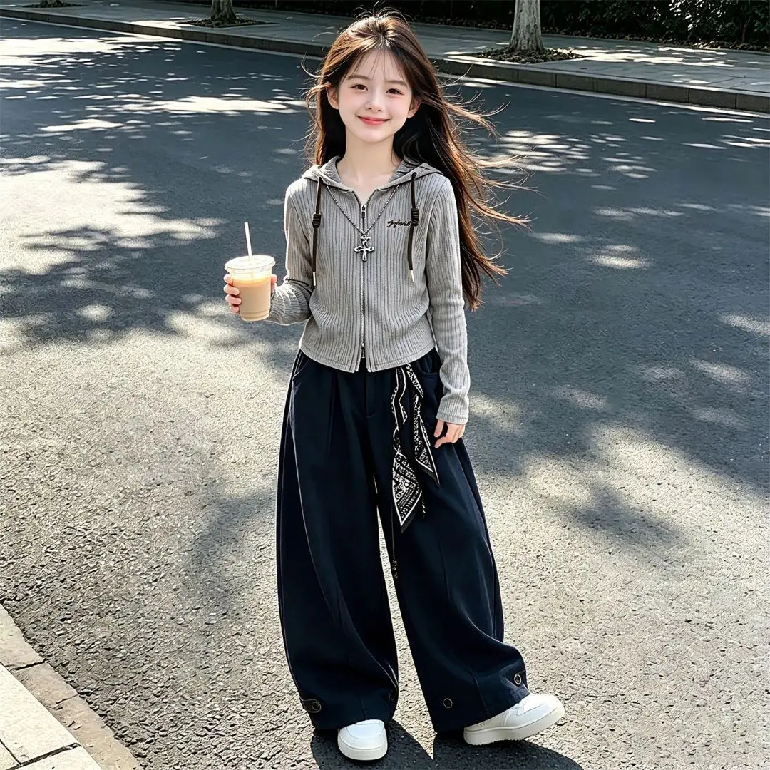2026 Autumn Winter Girls Children Set Jacket Narrow Waist Teens Crop Top Hooded + Wide Leg Pant Tracksuit 4 5 6 8 10 12 14 Year