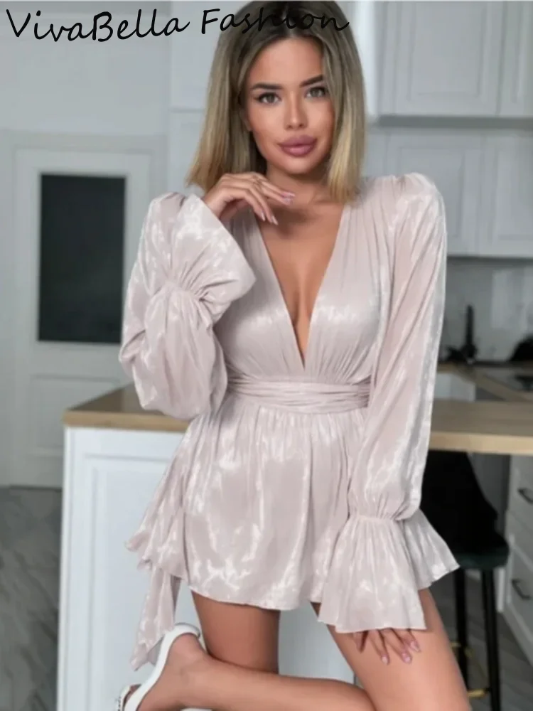 فستان قصير أنيق مكشكش للنساء فضفاض بياقة على شكل v وأكمام طويلة وشريط فيستدوس نسائي لصيف 2025 فساتين سهرة أنيقة على الموضة zz