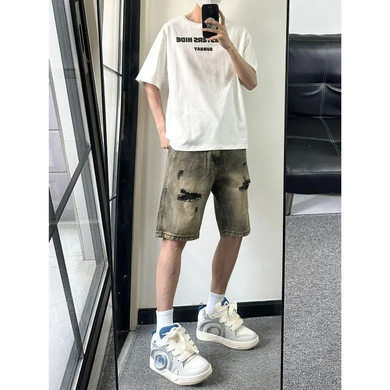 

Men's Vintage Washed Ripped Denim Shorts Loose Fit Casual Five-Pocket Jean Shorts