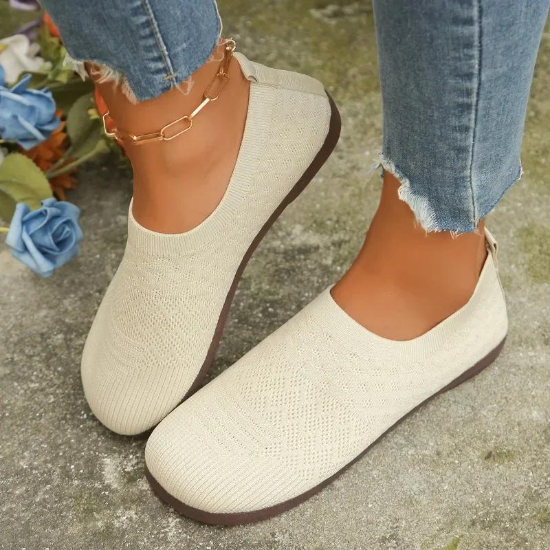 2024 Women's Flat Shoes Summer Solid Color Knitted Non-Slip Flat Shoes Casual Breathable Ballet Soft Women's Net Shoes Loafers