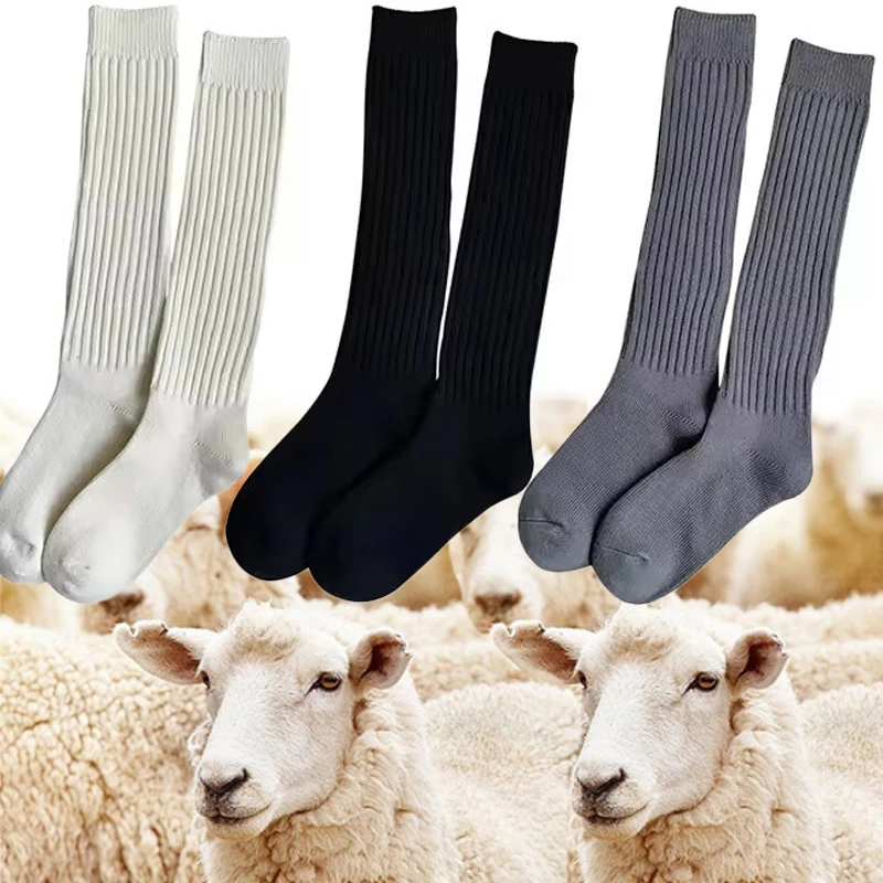 

Wool Calf Socks Autumn/Winter Thickened White Black Stacked Sock Japanese Knee Length Socks Double Needle Sock for Women
