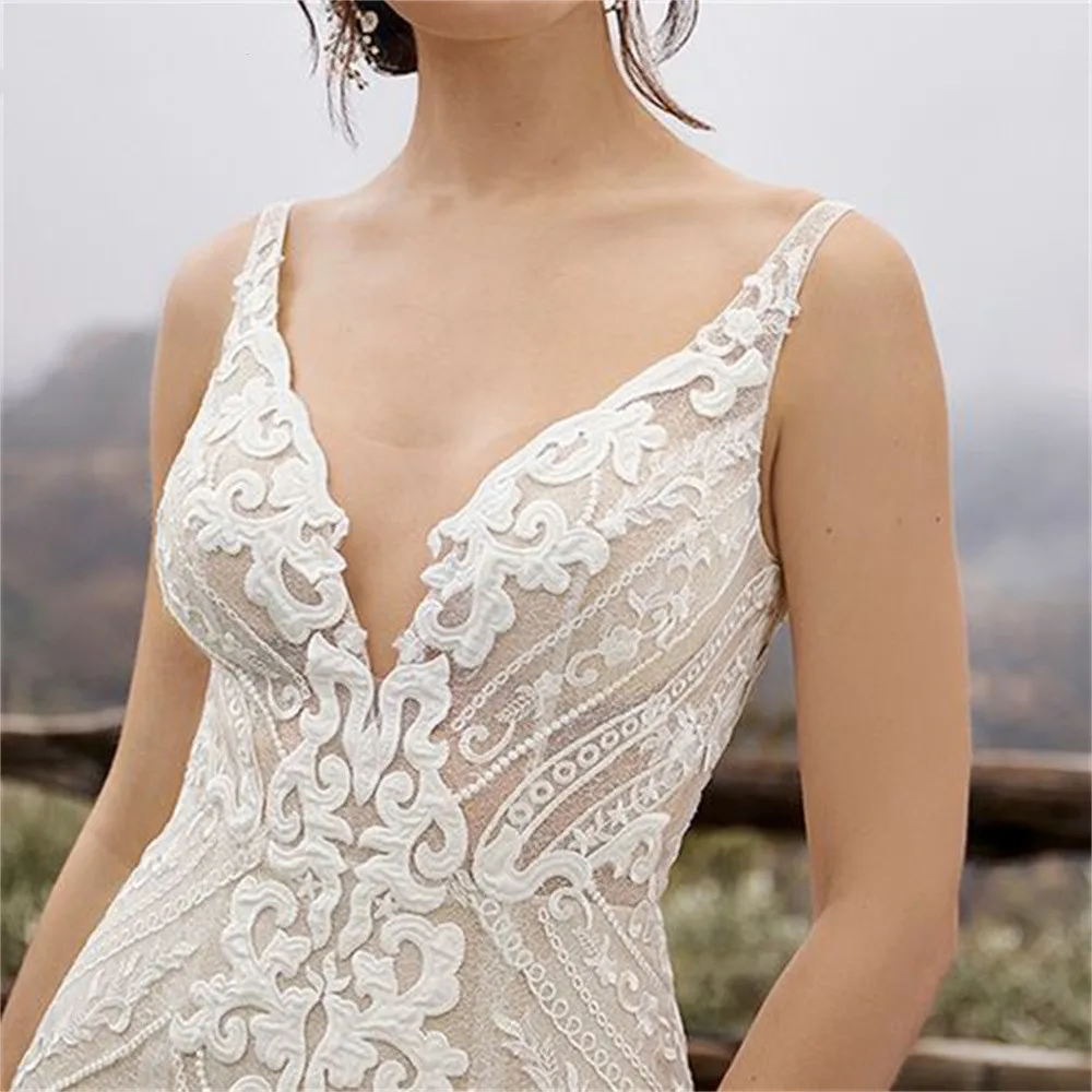 Sexy sheer v-neck renda apliques vestido de casamento sem mangas aberto voltar sereia vestido de noiva para mulher feito sob encomenda hochzeitskleid