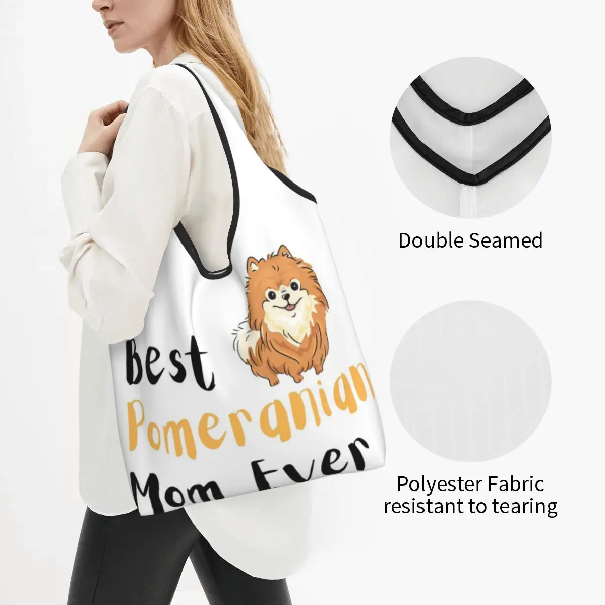 Best Pomeranian Mom Best Dog Mom Ever Portable Tote Shopping Bags Foldable Shopper Bag Grocery Handbag Shoulder Bag