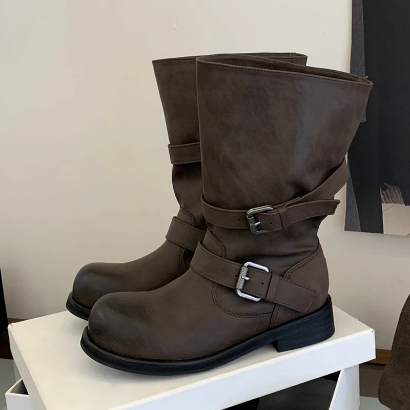 Aneikeh Autumn Winter Fashion Vintage Brown Multi Buckle Moto Mid Calf Boots Round Toe Low Heel Faux Leather Boots for Women