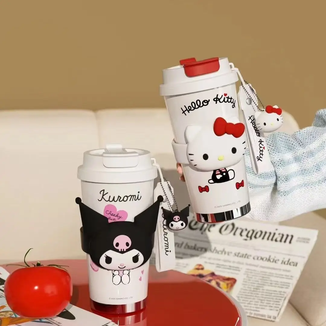 520ml Sanrio Kawaii Hello Kitty Kuromi Coffee Cup Anime Portable Car Insulated Bottle Large Capacity Double Drink Thermos Cup