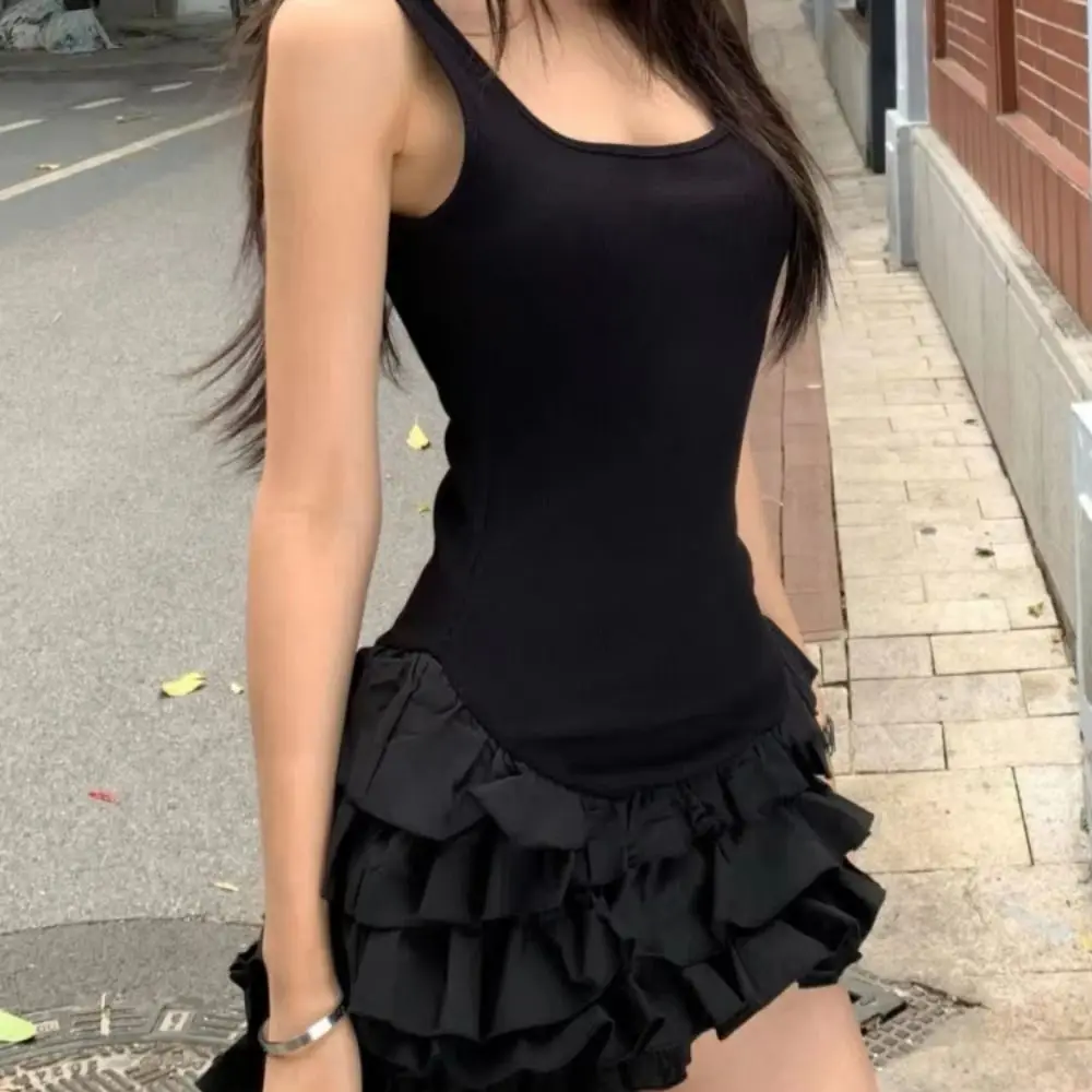 Sukienka typu slim fit z kwadratowym dekoltem, w stylu baletowym, z falbankami, damska krótka spódniczka, bez rękawów, w stylu spicy girl, sukienka na ramiączkach typu halter.