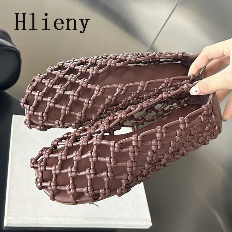 Hlieny High Quality Handmade Weaving Mesh Hollow Out Women Loafers Cozy Breathable Round Toe Beach Shoes Casual Flat Sandals