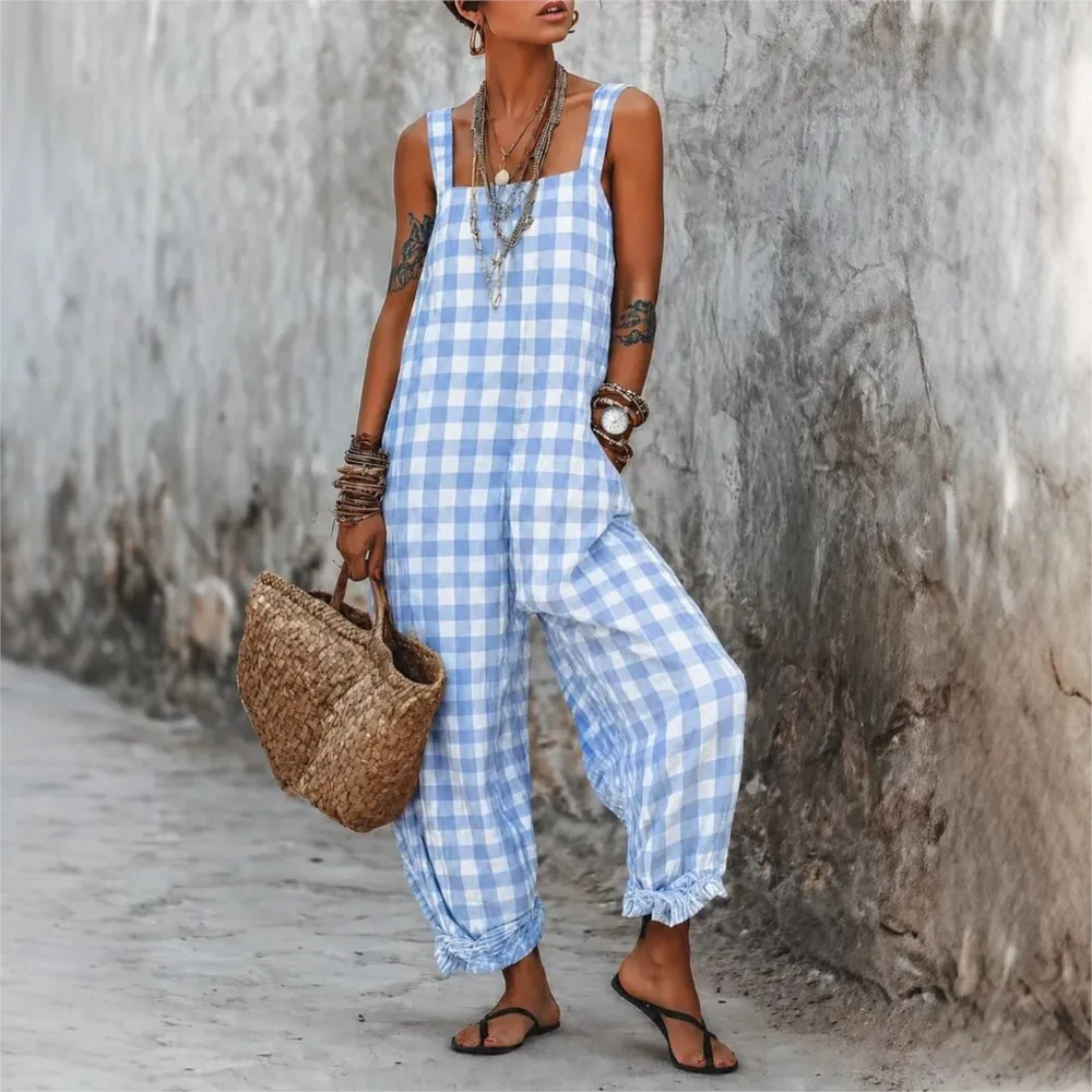 Fashion Summer Plaid Jumpsuit Women Sleeveless Square Neck Loose Trousers Casual Holiday Beach Boho Style Romper With Ruffle Hem view 3