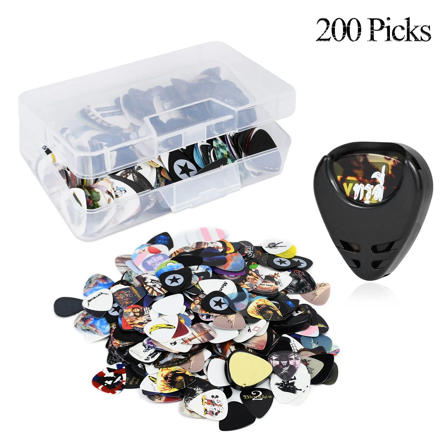 200Pcs Guitar Picks Plectrums Set with Pick Holder, Random Style & Thickness for Acoustic & Bass Guitar, Music Learner Parts