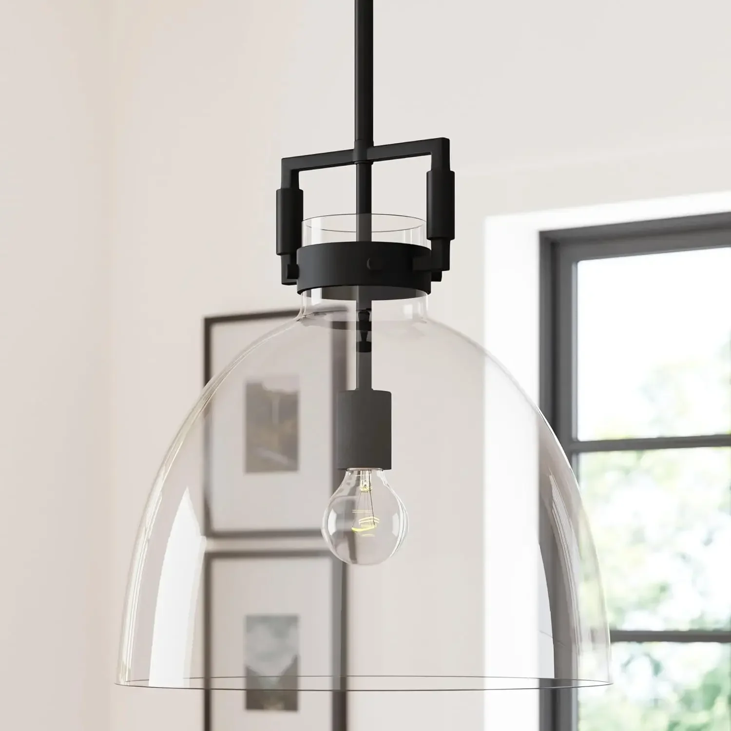 Nathan James Leigh Pendant Lighting, Black Hanging Ceiling Light with Oversized Glass Shade and Adjustable Cord