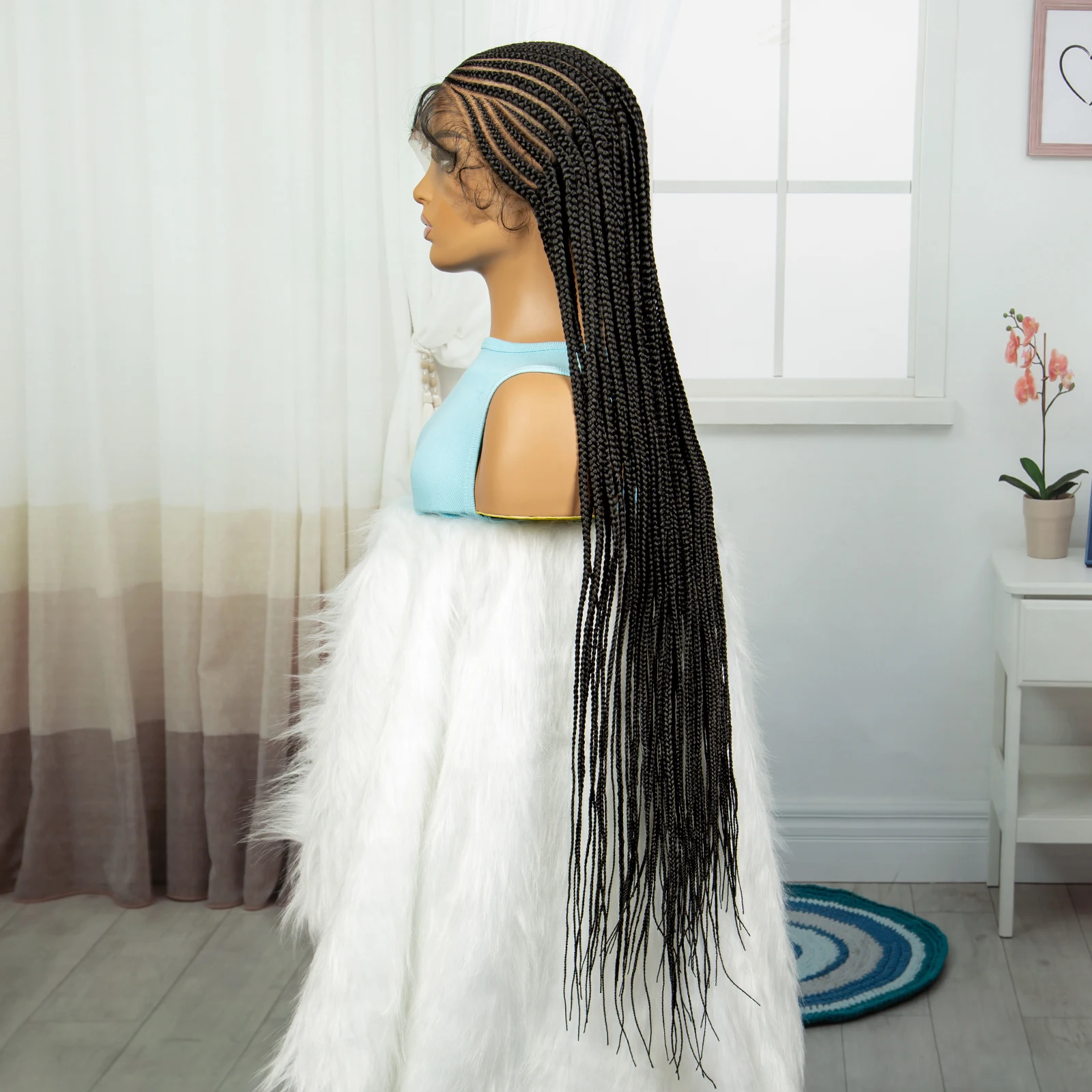 36Inch Natuurlijke Cornrow Gevlochten Pruiken Full Kant Gevlochten Pruiken Synthetische Knooploze Gevlochten Kant Pruik Met Baby Haar Voor Zwarte Vrouwen